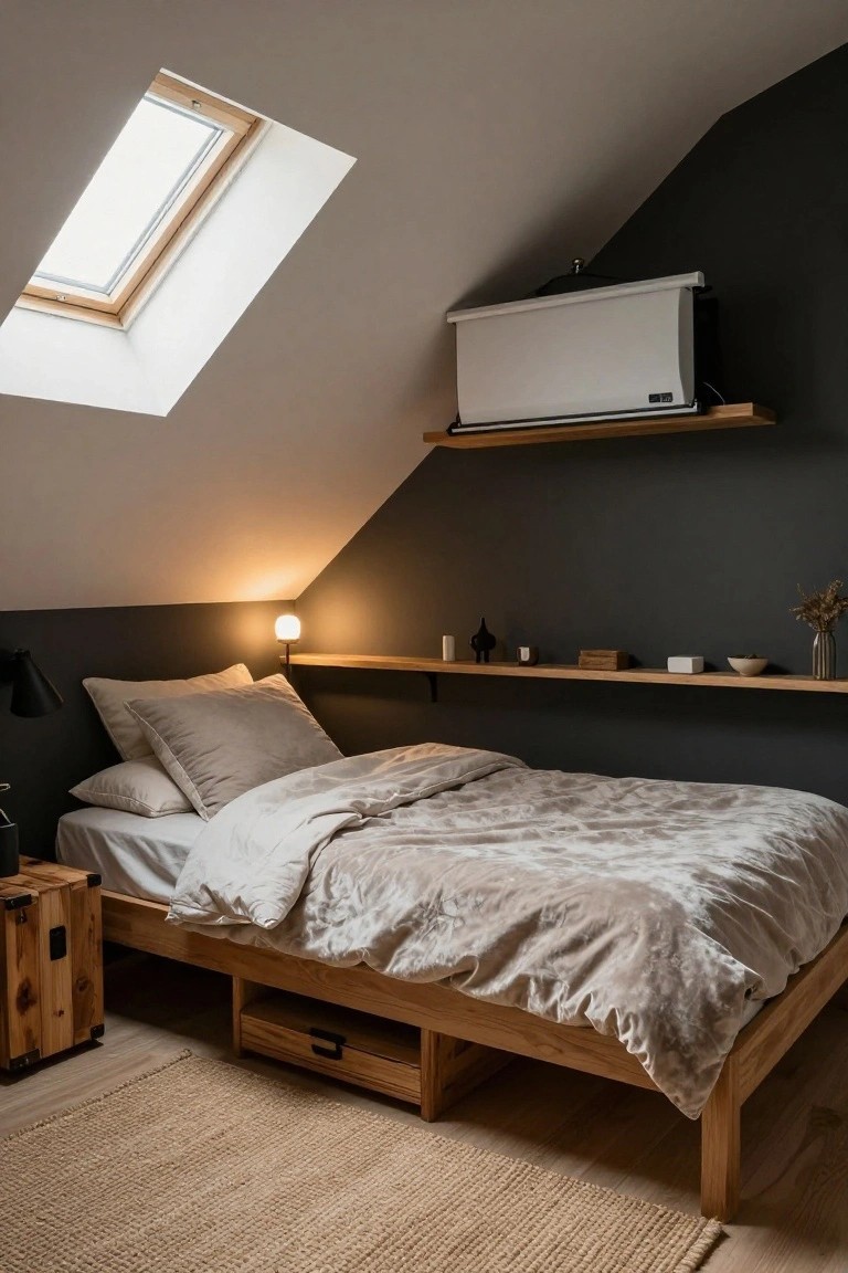 Attic bedroom with dark sloped ceiling, skylight, wooden platform bed with gray bedding and under-drawer, wall-mounted lamp and oak shelves, bedside table, and seagrass rug on wood floor.