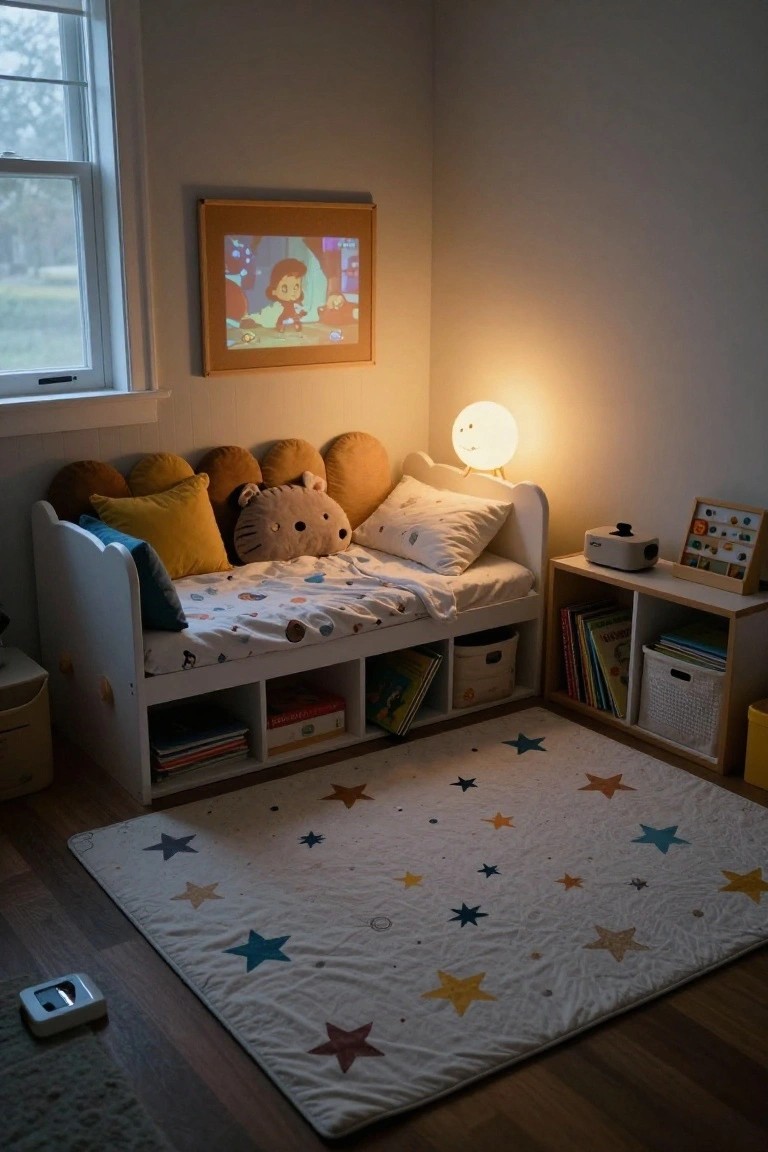 Child's bedroom corner with white daybed covered in colorful pillows and plush toys, small projector displaying animated scene on wooden-framed wall screen, smiling white lamp on floor stand, bookshelves with books and bins, wooden toy shelves, and star-patterned rug on wood floor.