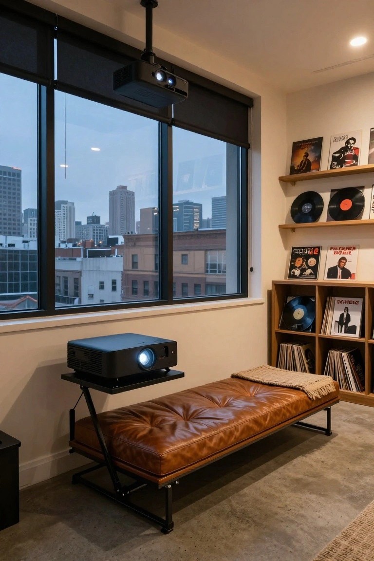 Modern interior room with brown leather bench on black metal stand, black projector on adjacent table stand, wooden shelves displaying vinyl records and album covers, ceiling-mounted projector, and large windows showing city skyline.