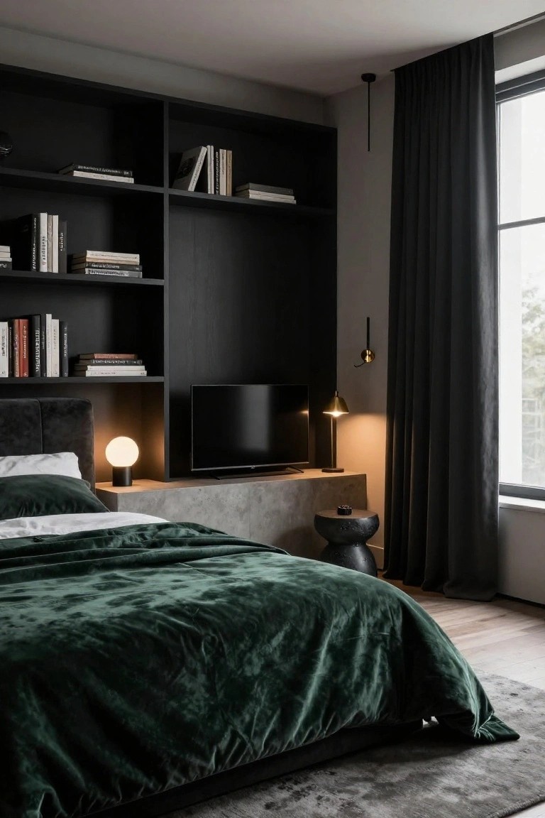 Modern bedroom interior with tall black built-in shelving wall holding books and decor, flat-screen TV on concrete platform above green velvet bed, bedside lamps lit, large window with black curtains, and wooden floor.