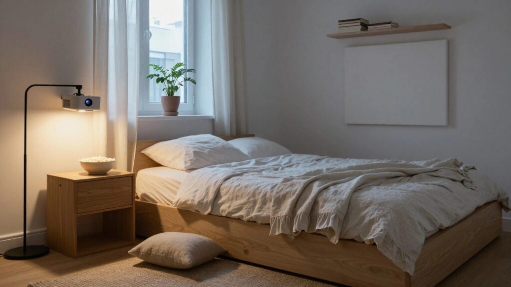 Bedroom with wall-mounted projector on white wall, wooden nightstand holding white bowl of popcorn and black desk lamp, bed draped in white linens, sheer curtains on window, potted plants on sill and floor.