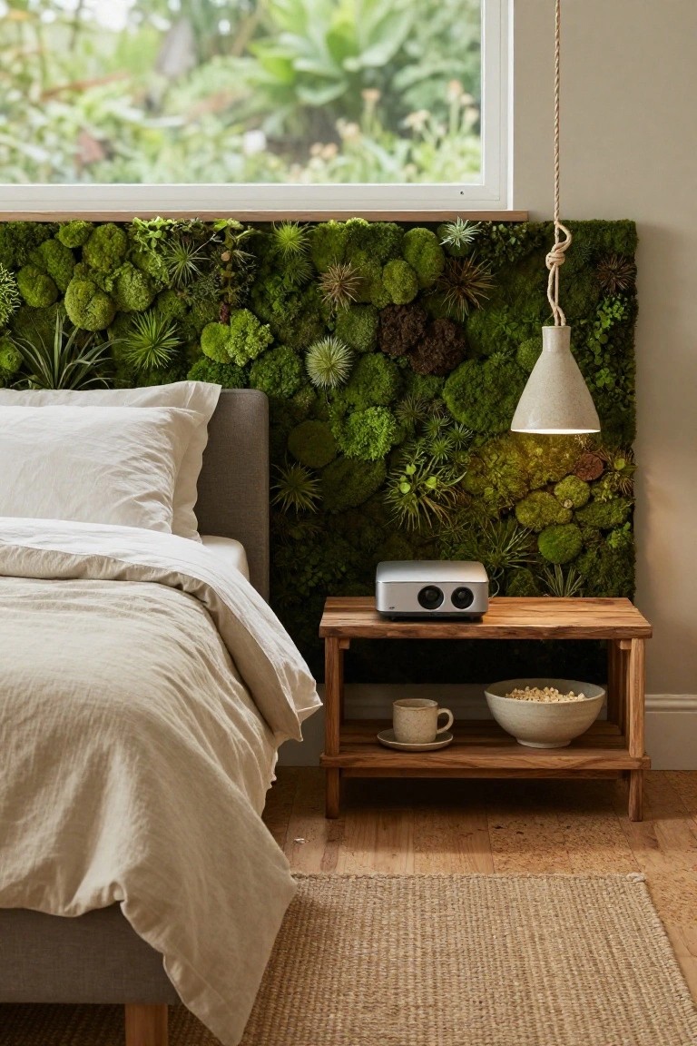 Bedroom with gray bed frame and white linens against a headboard wall covered in green moss and small plants, wooden nightstand holding silver projector with speakers, mug, saucer, and bowl of popcorn, pendant lamp hanging from rope, window with outdoor greenery.