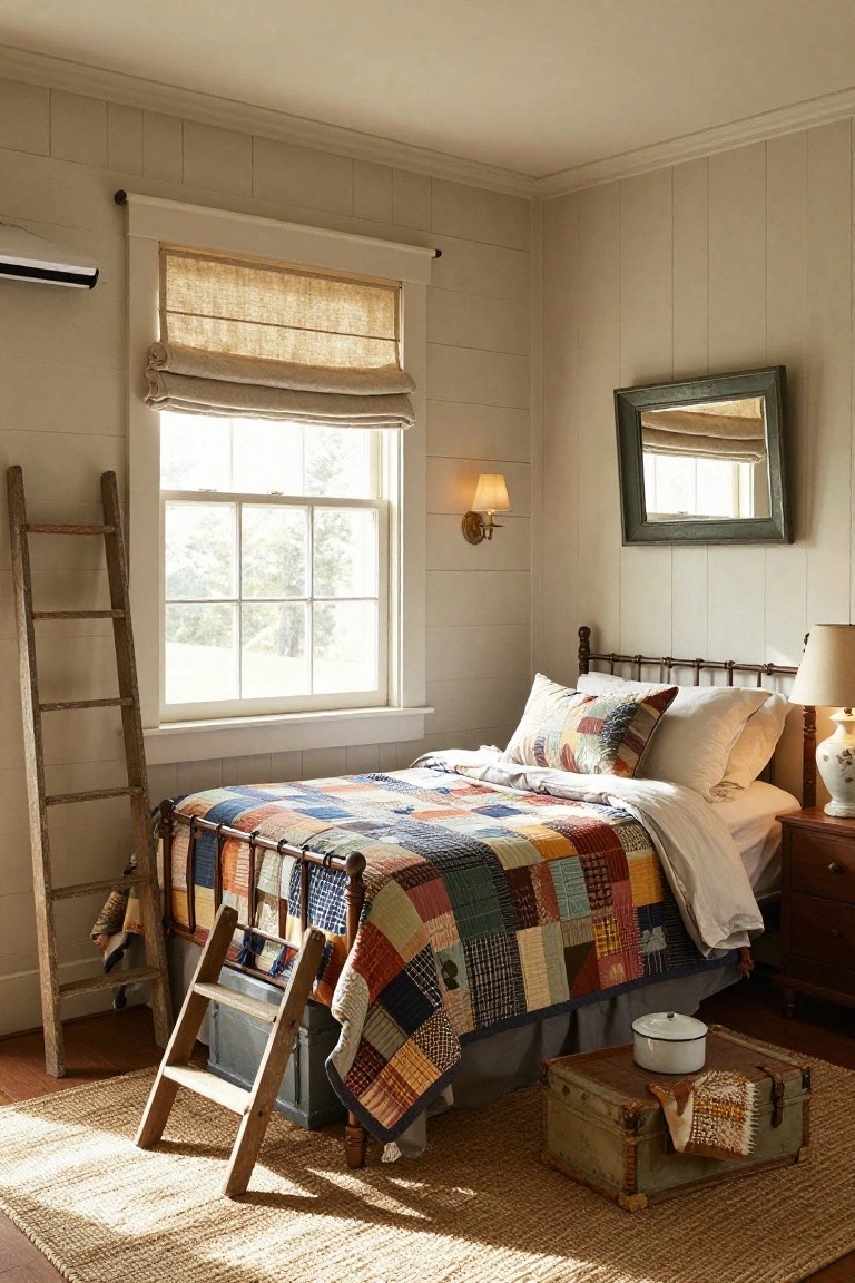 Bedroom with colorful patchwork quilt on iron bed frame, wooden ladder leaning against wall, neutral board-and-batten walls, window with linen shade, vintage trunks on seagrass rug.