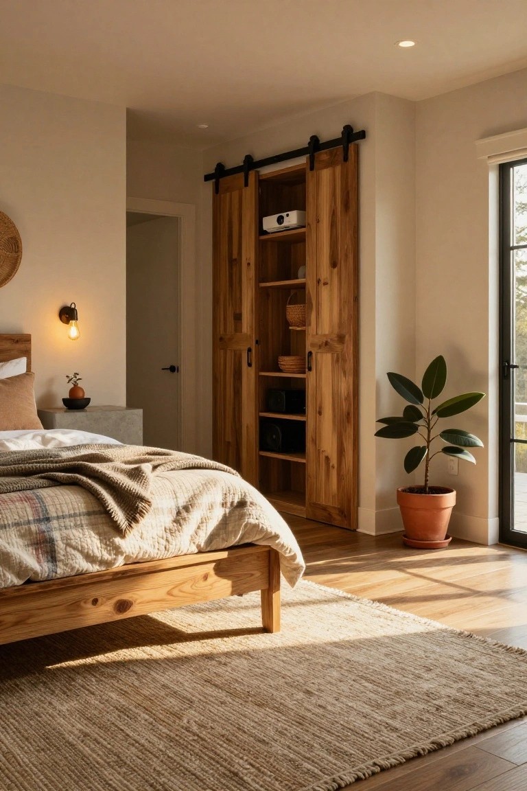 A sunlit bedroom with a low wooden bed covered in quilts and throws, a concrete nightstand with lamp and plant, an open tall wooden wardrobe with barn-style doors showing shelves with projector, speakers, and baskets, and a potted plant near sliding glass doors.