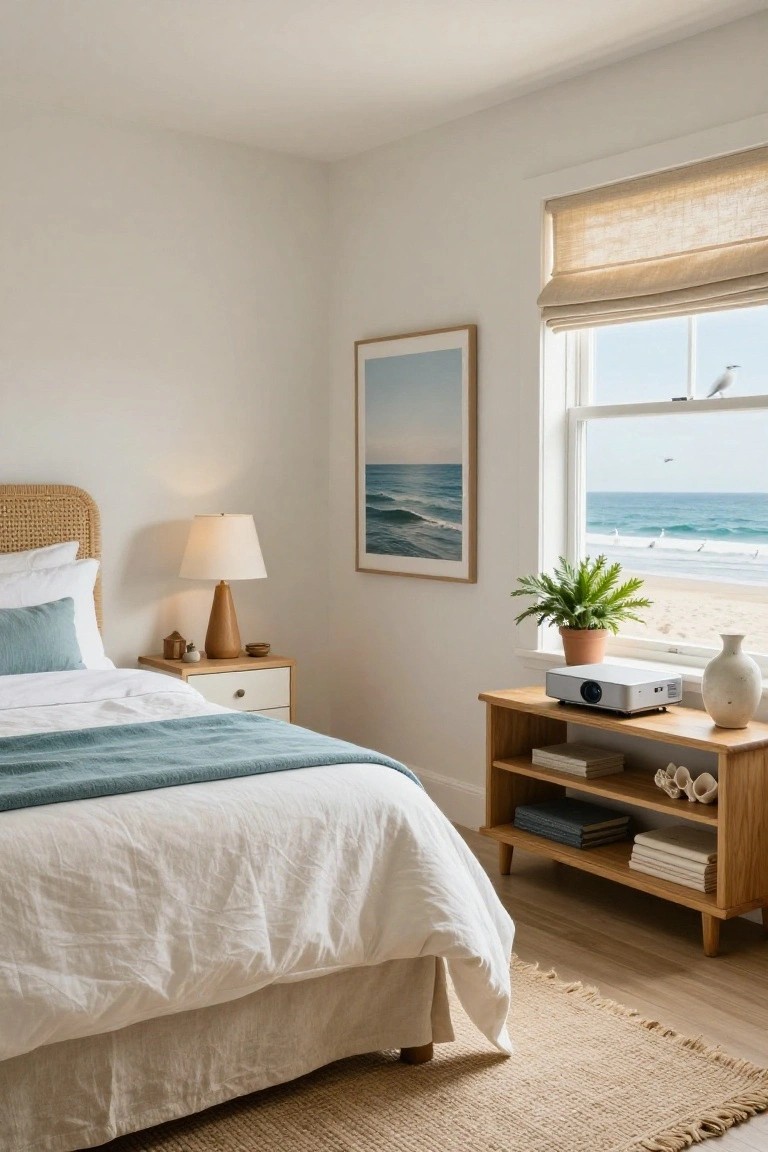 A bright bedroom with rattan headboard on a white bed, wooden nightstand with lamp, low wood console holding a projector and books, potted plant, vase, and large window showing beach and ocean view.