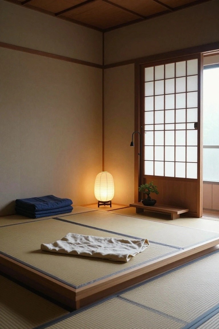 A minimalist Japanese interior room with light wood walls and ceiling, tatami mat flooring, a low wooden platform bed with white sheet, stacked navy futon bedding nearby, glowing paper lantern lamp, small bonsai plant on shelf, and shoji screen sliding door.