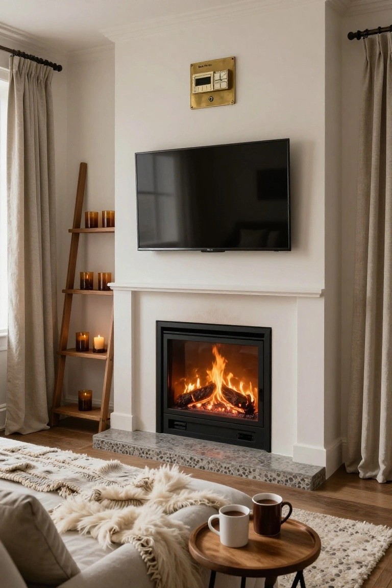 A modern living room interior featuring a large black TV mounted on a white wall above a lit gas fireplace with orange flames, a wooden ladder shelf holding amber glass candles to the left, a light gray sofa with white fur throws, two ceramic mugs on a round wooden side table, beige curtains on windows, and light wood flooring.
