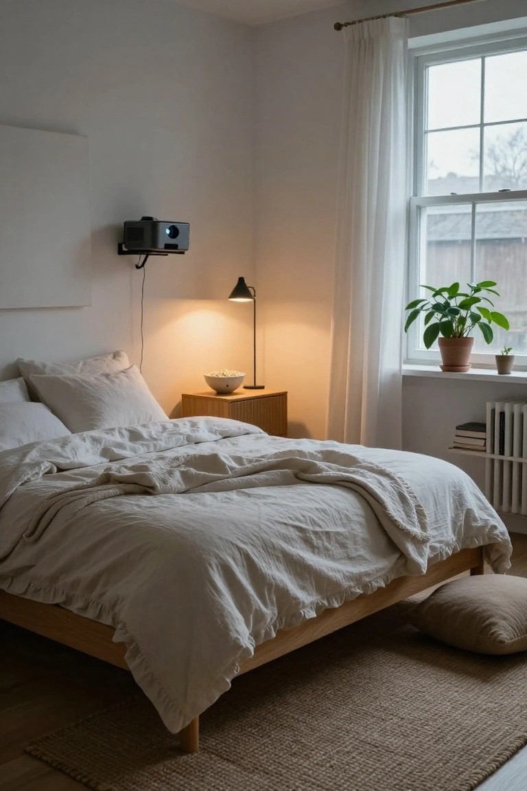 Bedroom with wall-mounted projector on white wall, wooden nightstand holding white bowl of popcorn and black desk lamp, bed draped in white linens, sheer curtains on window, potted plants on sill and floor.