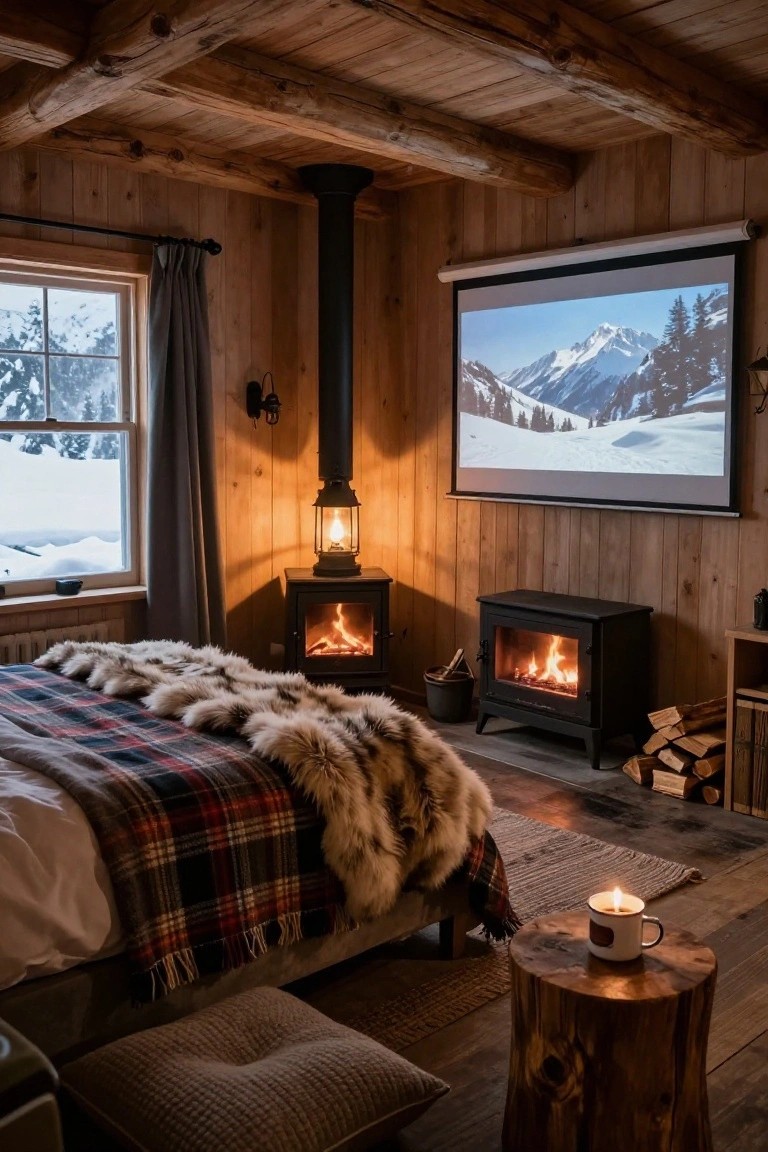 Wooden cabin bedroom interior with bed draped in plaid blankets and fur throws, two small wood stoves burning, projector screen showing snowy mountains, oil lamp, candle on tree stump stool, and snowy window view.