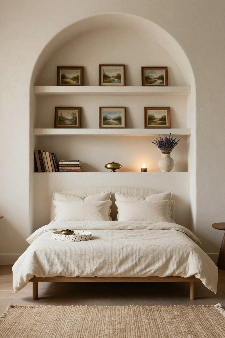 A bedroom with a tall white arched wall niche containing shelves that display small framed paintings, stacked books, a gold bowl, a lit candle, and a vase of lavender, above a low wooden bed with white linen bedding and bedside tables.