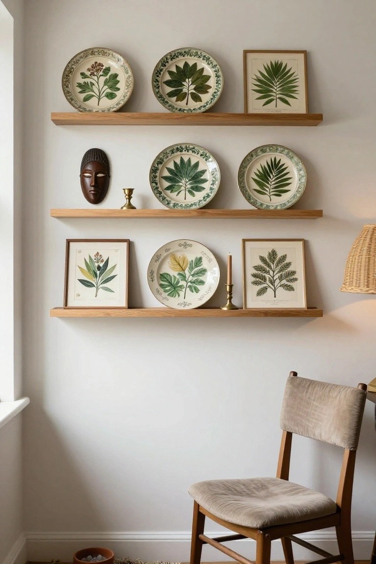Three oak floating shelves on a white interior wall displaying white plates with green botanical leaf designs, framed leaf prints, a wooden mask, brass candlesticks, and a rattan lamp nearby with a wooden chair below.