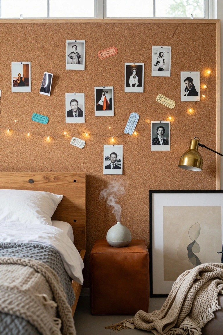 Bedroom with corkboard wall pinned with Polaroid photos of people, ticket stubs, and string lights, next to wooden bed with white sheets, gray knit throw, ceramic diffuser on leather stool, and abstract framed art.