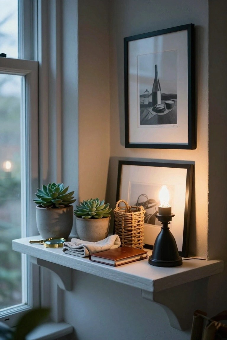White floating shelf by a tall window in a gray room holds two gray potted succulents, a black cone-shaped lamp with lit bulb, two black-framed photos, a woven basket, leather notebook, magnifying glass, and folded cloth.