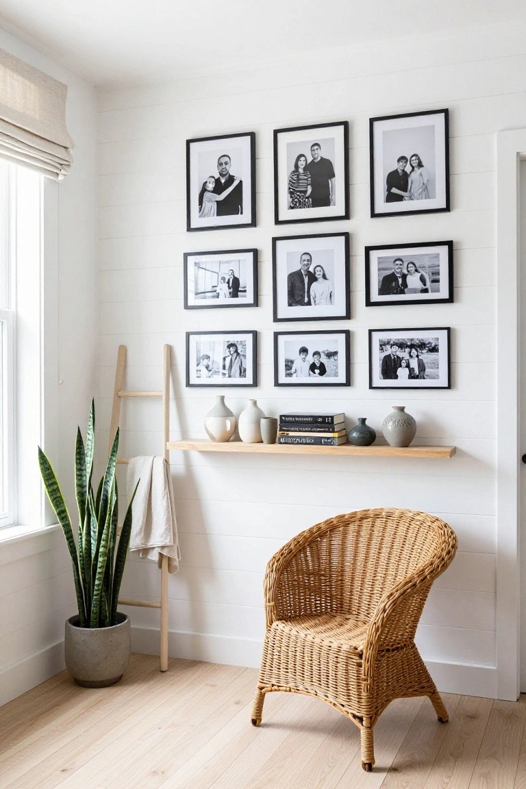 White shiplap wall in a room corner with grid of black-framed black-and-white family photos, wooden floating shelf below holding vases books and ceramics, snake plant in gray pot, wooden ladder with towel, rattan armchair, and light wood floor.