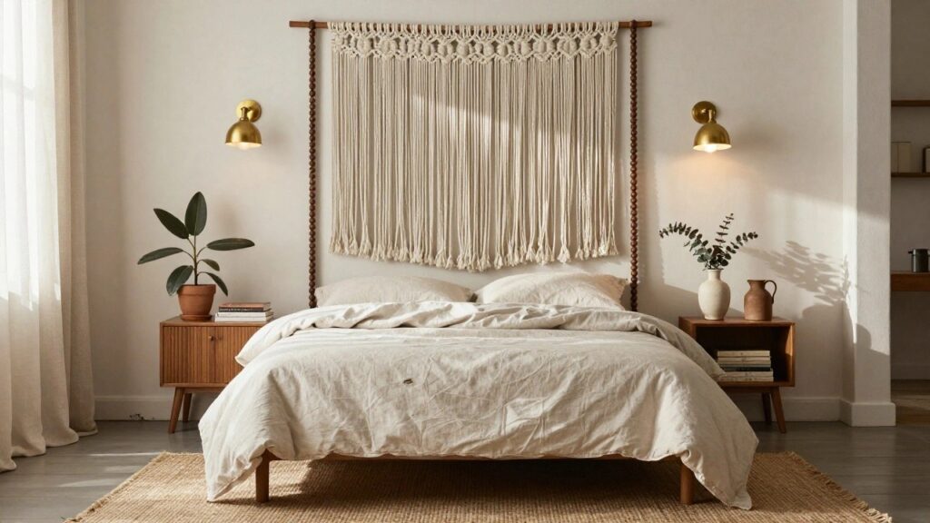 A bedroom with a large white macrame wall hanging framed in wooden beads mounted above a light wooden bed with white linens, gold wall sconces, potted plants, and shelves on a white wall.
