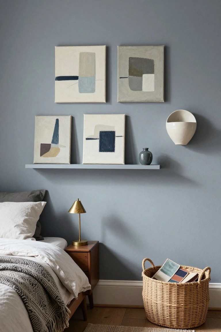 Gray bedroom wall with two neutral abstract canvas paintings mounted high, a floating gray shelf below holding two more abstract paintings and a small gray vase, plus a white wall-mounted sconce, beside a white bed with gray throw and wooden nightstand with gold lamp.