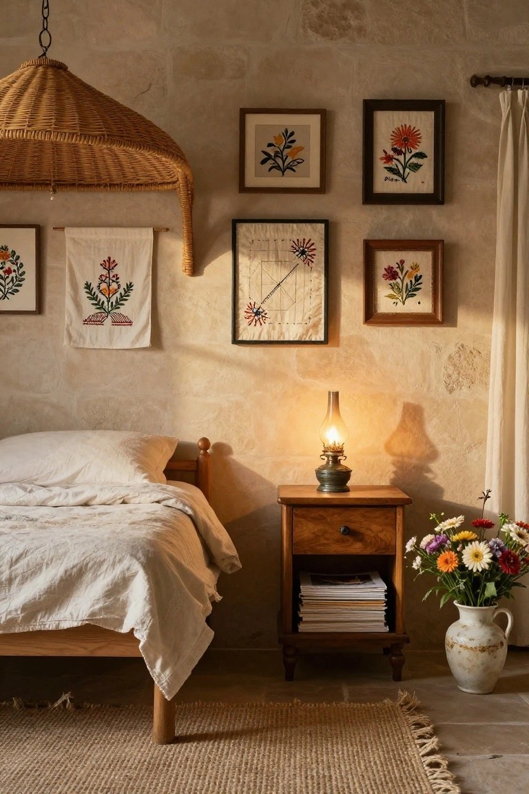 Bedroom with beige stone walls displaying framed embroidered floral artworks, a hanging embroidered banner, wooden bed with white linens, wooden nightstand holding an oil lamp and vase of mixed flowers, rattan pendant light overhead, and jute rug on floor.