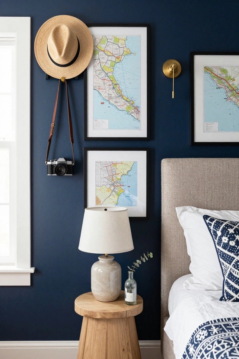 Navy blue bedroom wall with three black-framed maps, a straw hat on a hook with leather camera strap below it, gold wall sconce, white lamp on wood stool nightstand, and beige upholstered bed with white sheets and blue pillow.