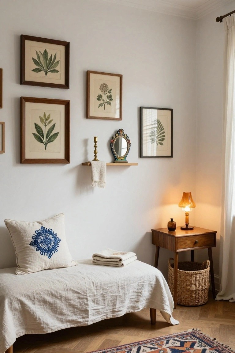 Cozy bedroom corner featuring a gallery wall of four framed botanical leaf and plant prints above a low daybed with white linens, a wooden side table with amber lamp and vase, floating shelf with candleholder and towel, ornate mirror, and woven basket on parquet floor with patterned rug.