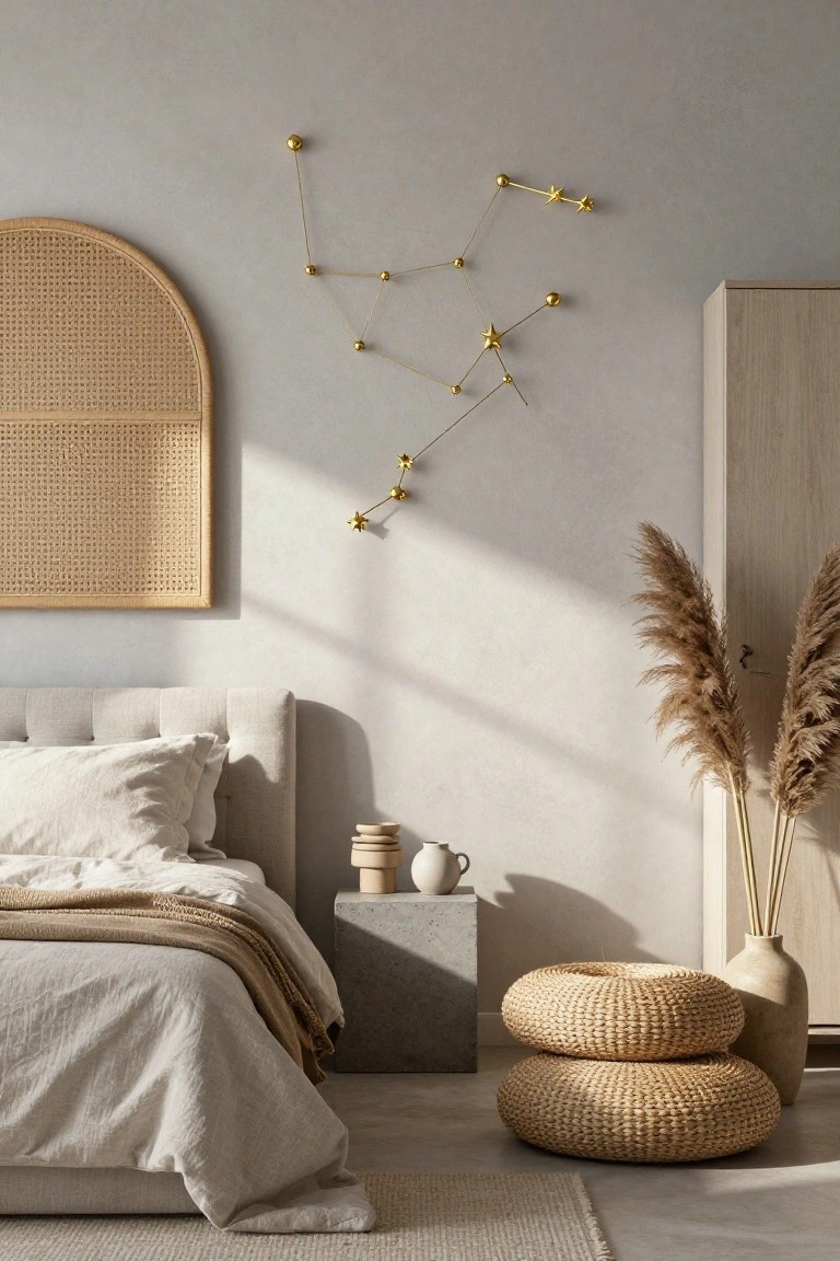 Light gray bedroom with gold constellation wall sculpture, rattan arch mirror, neutral bed linens, pampas grass in vase, concrete side table, and stacked woven stools on wood floor.