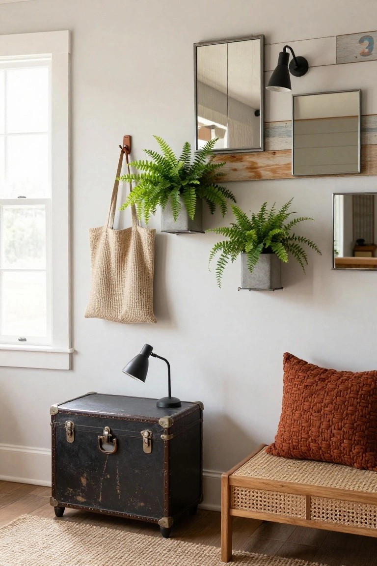 Light gray interior wall with assorted rectangular and square mirrors, hanging ferns in gray metal pots on shelves, a beige woven tote bag, black desk lamp on vintage trunk, and rattan bench with rust pillow on wood floor.