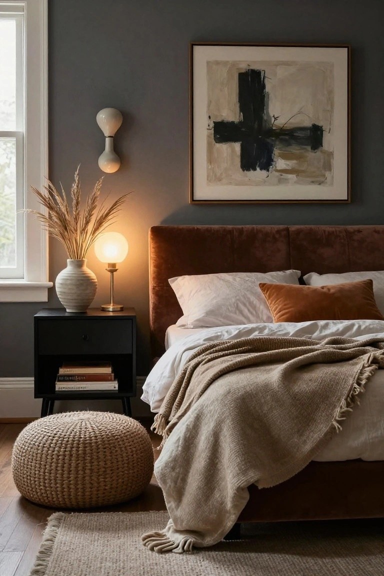 Bedroom with dark gray walls, rust velvet upholstered headboard, white sheets and pillows with orange throw pillow and beige knit blanket, black wood nightstand holding lamp, books, and tall pampas grass in white vase, white wall sconce, large framed abstract beige and black painting, woven tan pouf stool, and light wood floor with beige rug.