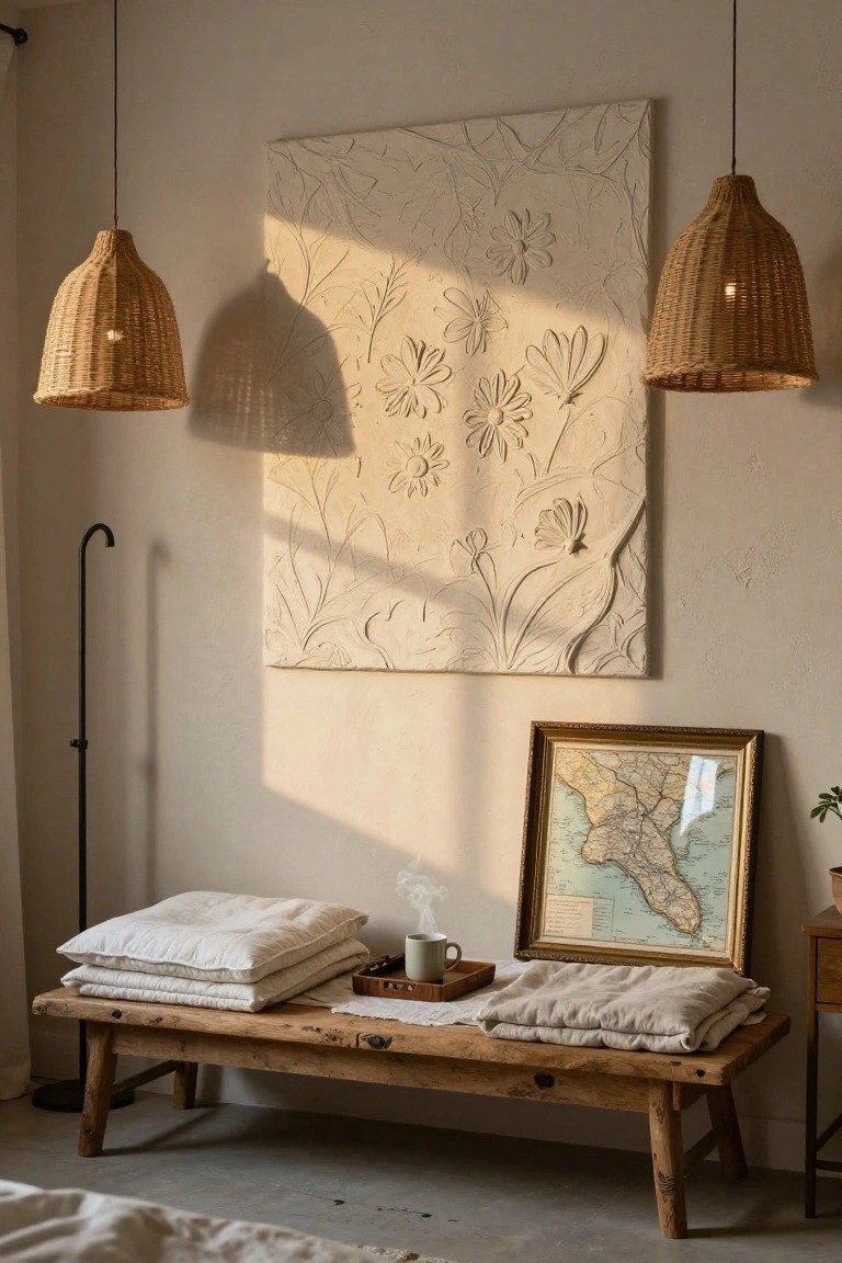 Bedroom corner with wooden bench holding stacked white linen pillows and blankets, wooden tray with mug nearby, large beige textured floral relief wall panel, gold-framed vintage map of coastal region, rattan pendant lamps, black floor lamp, and potted plant on side table.