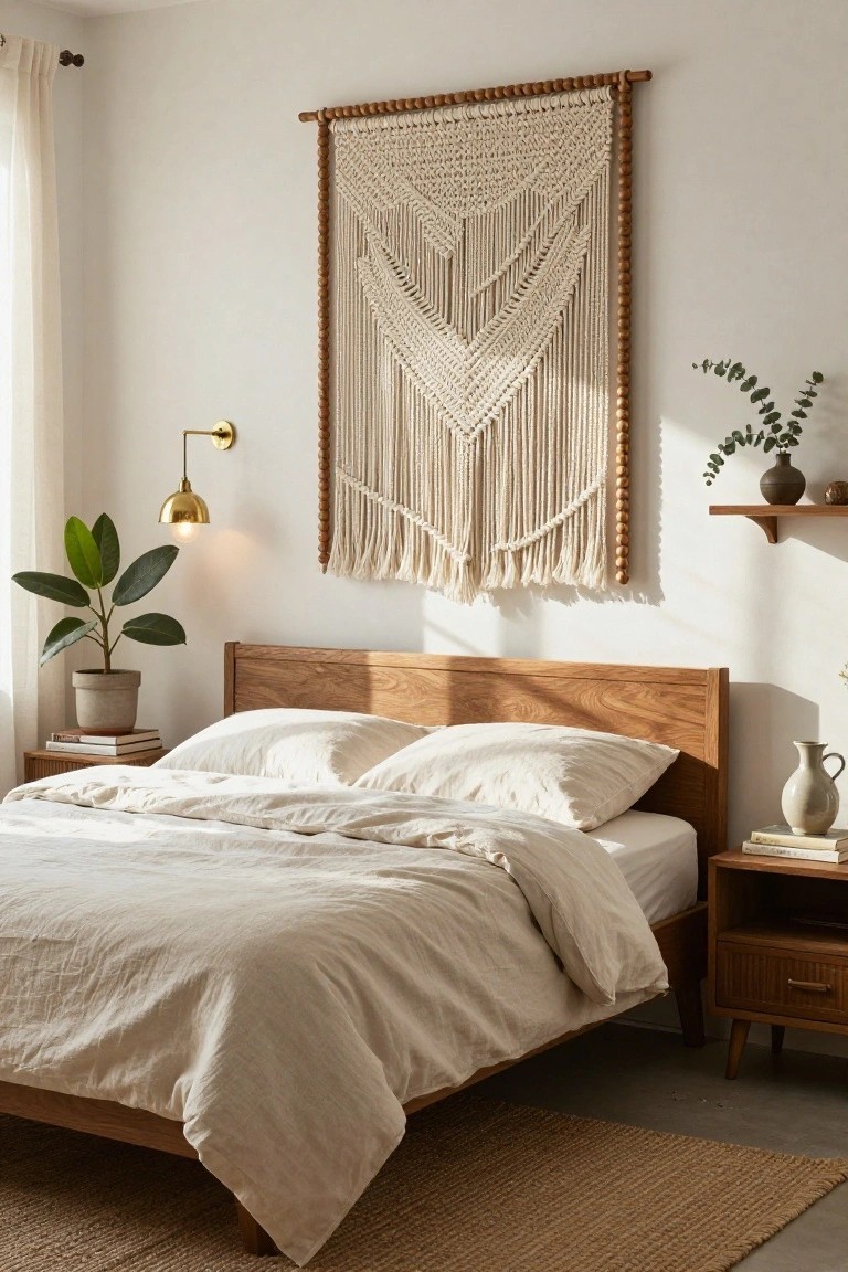A bedroom with a large white macrame wall hanging framed in wooden beads mounted above a light wooden bed with white linens, gold wall sconces, potted plants, and shelves on a white wall.
