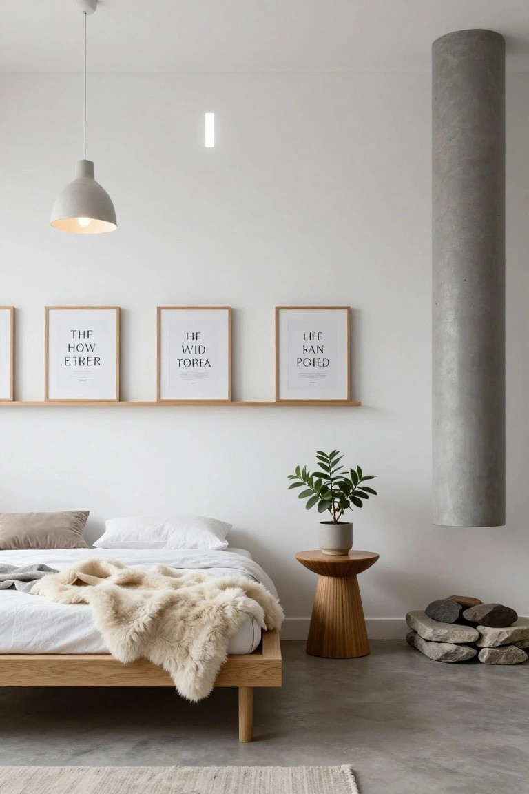 Modern bedroom with low oak platform bed draped in white sheets, gray pillows, and cream fur throw, beside a wooden pedestal table holding a potted plant and stacked rocks, concrete pillar and floor, pendant light overhead, and oak shelf displaying three framed posters with black minimalist text on white walls.