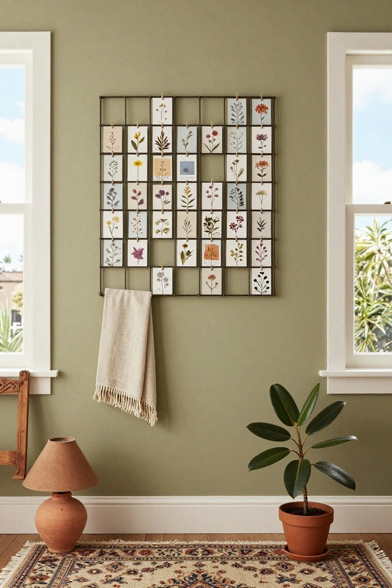 A cozy room featuring a floral-themed wall display, a plant, and a lamp.