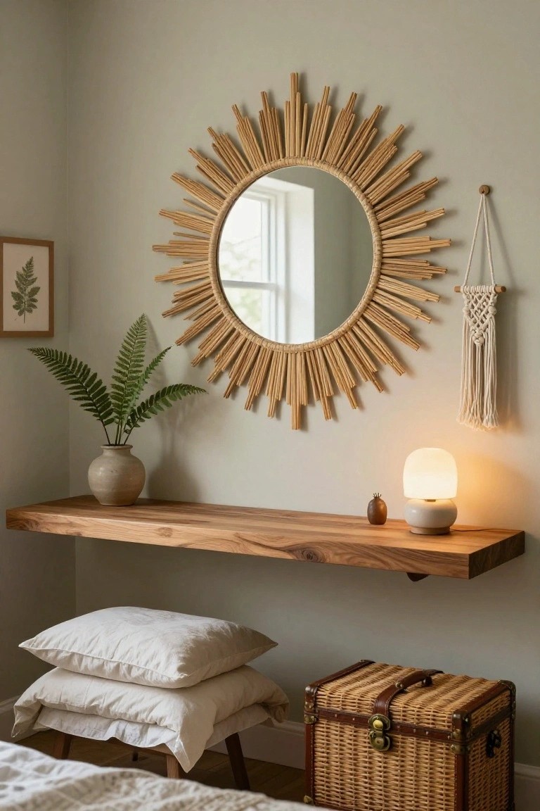 A large round mirror with rattan sunburst frame on a pale green bedroom wall above a wooden floating shelf holding a terracotta vase of ferns and a white ceramic lamp, with a white macrame hanger nearby and stacked white pillows on a stool plus a wicker trunk below.
