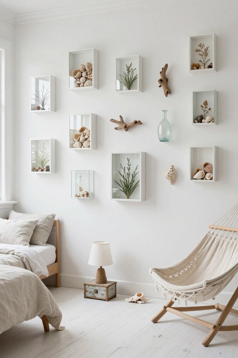 White bedroom wall with multiple white shadow boxes displaying seashells, dried plants, driftwood pieces, and small stones, alongside a bed with linen bedding, hammock chair, lamp on wooden floor.