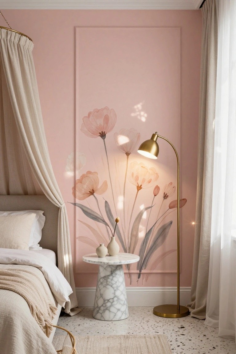 A bedroom with pale pink walls featuring a large watercolor mural of pink peony flowers and stems in a paneled section, a canopy bed with white bedding and beige throw, marble pedestal bedside table with ceramic vases, gold arched floor lamp, and sheer window curtains.