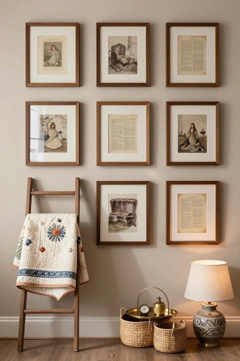 A light beige wall displays nine wooden-framed artworks including vintage illustrations of women and aged book pages arranged in three rows, with a wooden ladder draped in a quilted blanket, a table lamp, and woven baskets on the wooden floor below.