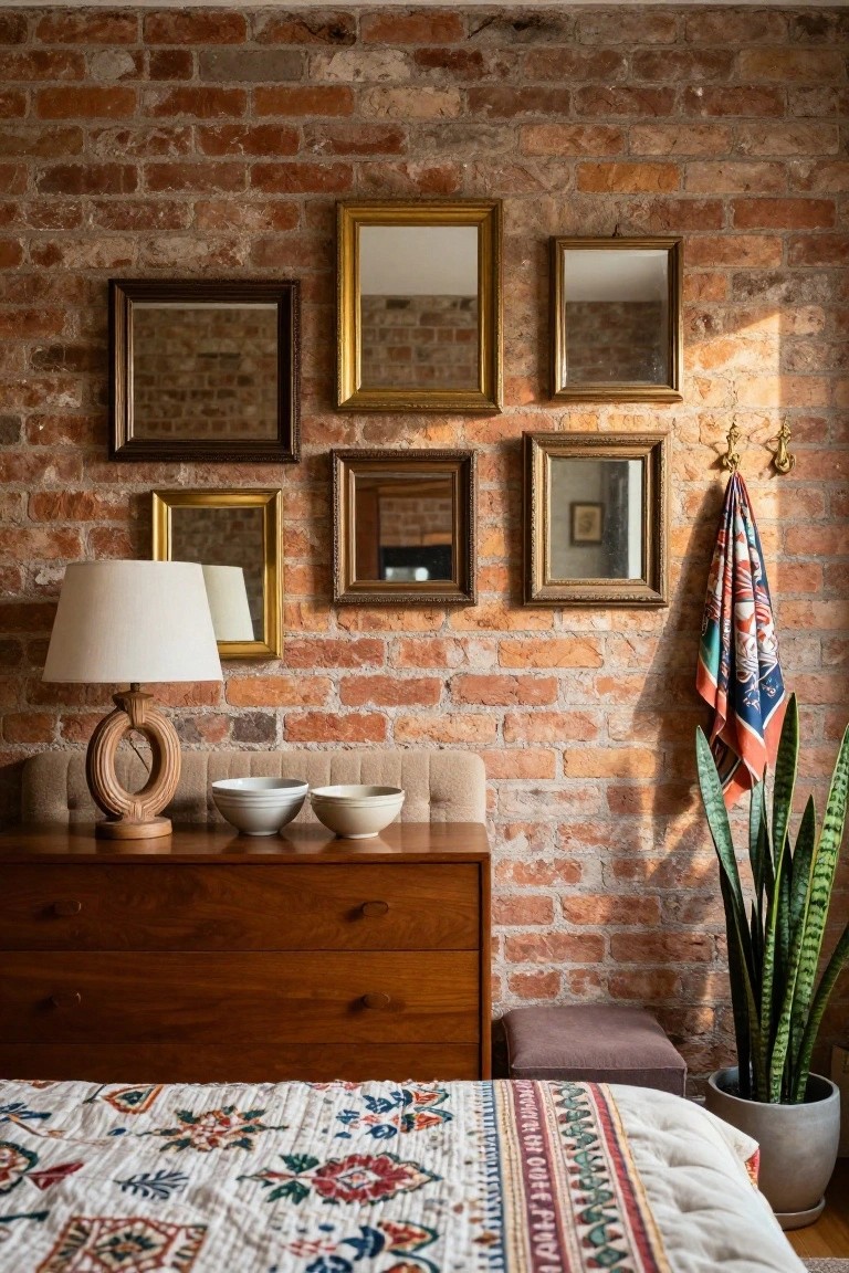 Exposed brick bedroom wall hung with six assorted antique-style mirrors in gold and wood frames above a wooden dresser holding a lamp and white bowls, with a colorful quilted bed, cushioned bench, draped scarf, and potted snake plant nearby.