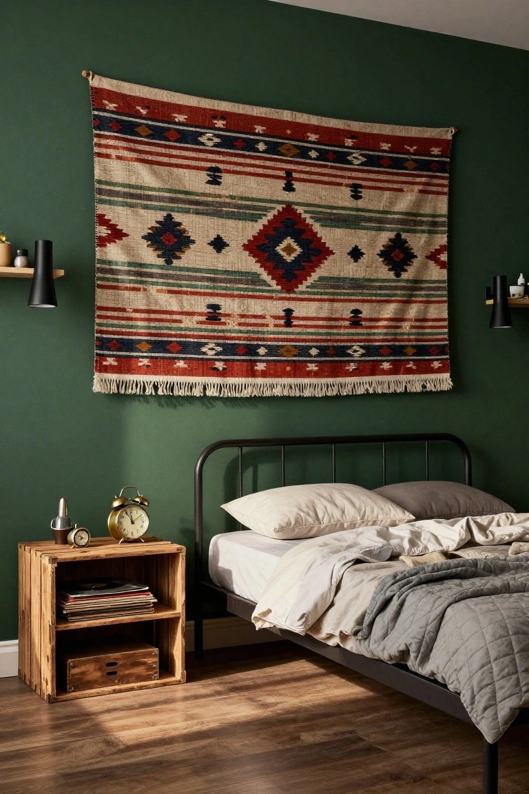 A bedroom with emerald green walls displaying a large multicolored woven tapestry above a black metal bed frame, wooden crate nightstand holding records and a brass alarm clock, black wall sconces, and hardwood floors.
