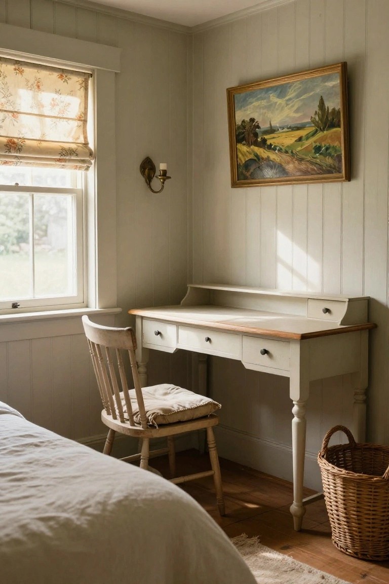 Corner of a light green paneled bedroom with white wooden desk, wooden chair with beige cushion, edge of white bed, double window with floral roman shade, framed landscape painting, brass wall sconce with candle, and tall wicker basket on wood floor.