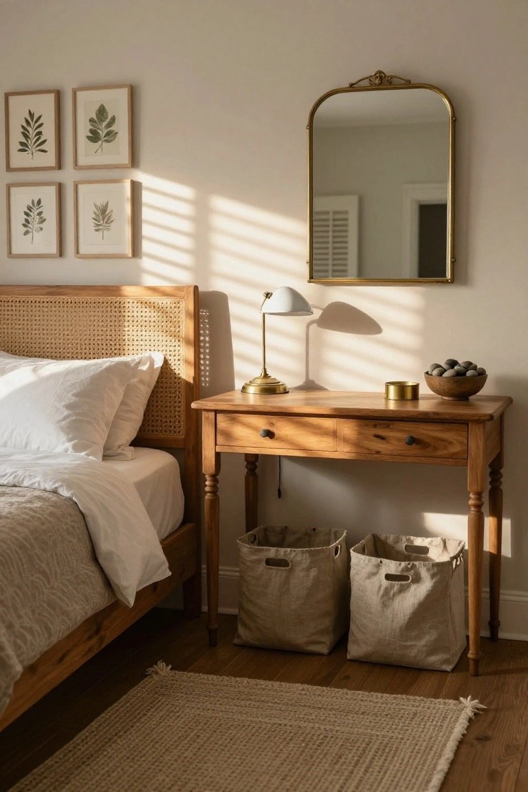 A bedroom corner with a rattan headboard bed, wooden desk nightstand topped with a white lamp and wooden bowl of stones, two beige storage baskets under the desk, botanical prints on the wall, and a gold-framed mirror nearby.