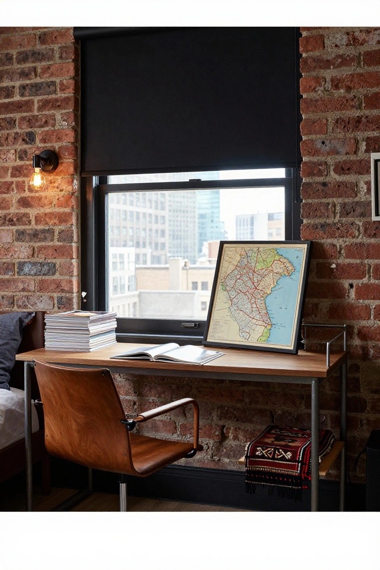 Bedroom corner with wooden desk holding stacked magazines and open book, leather armchair, exposed brick walls, framed vintage map of coastal area with roads, black roller blind on window showing city view, and metal shelf with textile.