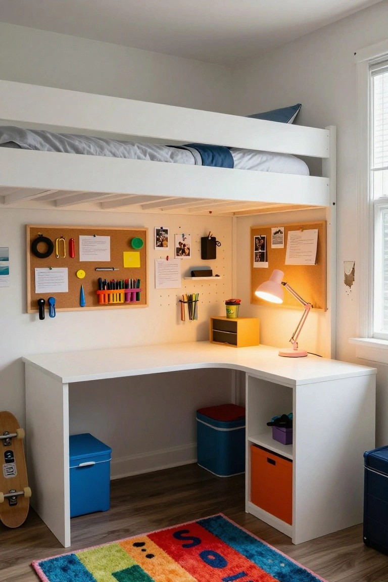 A child's bedroom with a white lofted bunk bed above a white corner desk, bulletin boards on the wall, storage bins, a skateboard, and a colorful rug on wood floors.