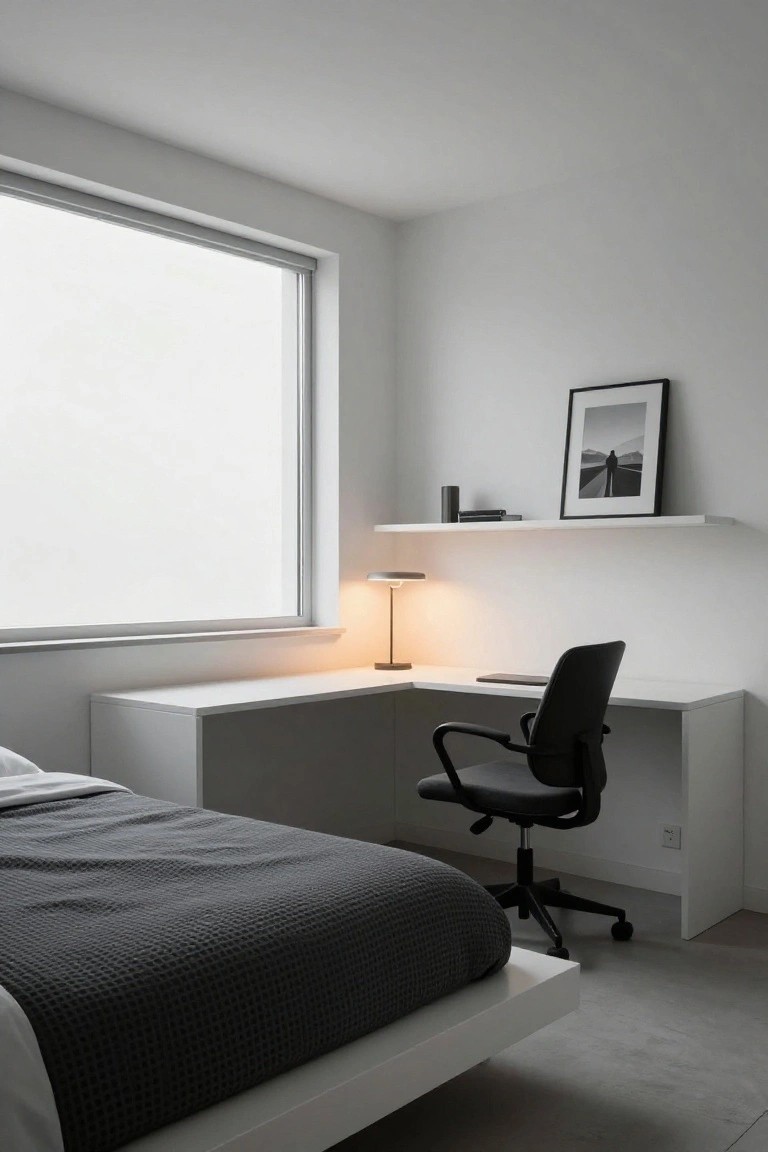 A minimalist bedroom corner with white L-shaped desk, black office chair, floating white shelf holding lamp and books, platform bed with gray textured bedding, and large window with gray frame.