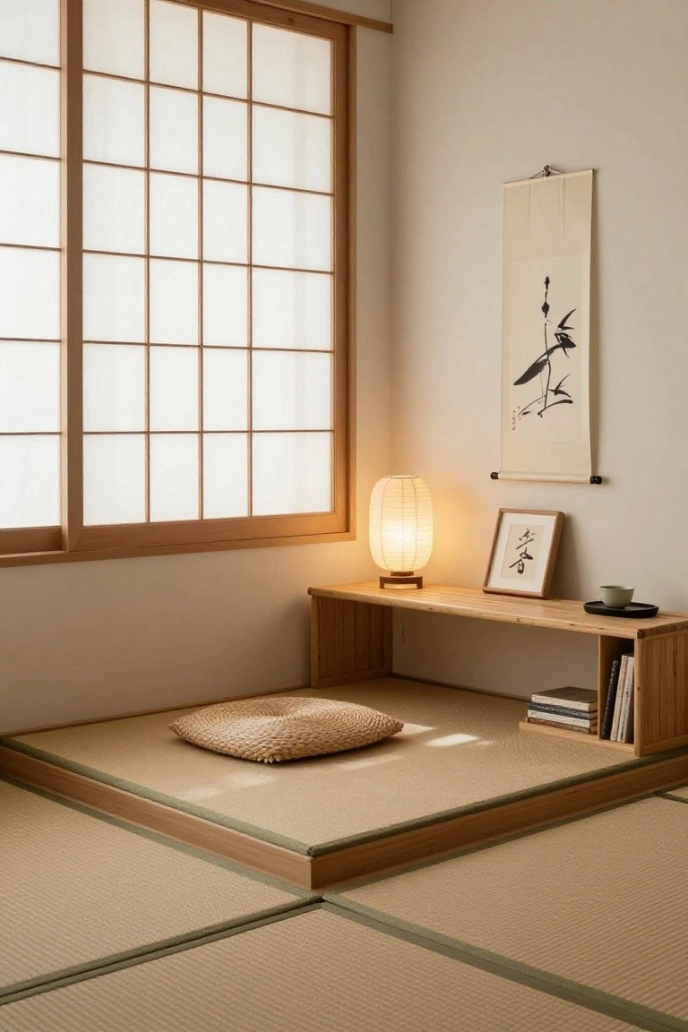 Japanese-style room interior featuring tatami floor mats, a raised wooden platform with a woven cushion and low desk shelf, shoji screen windows, a paper lantern lamp, wooden low table with teacup, and wall hangings with ink art.