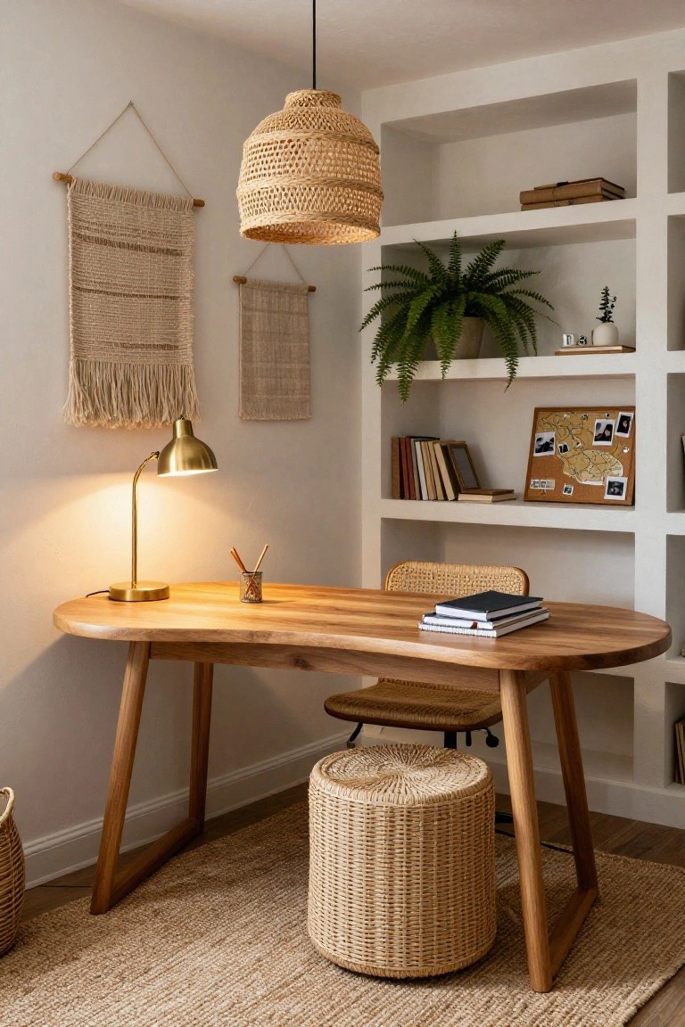White room interior with built-in shelves holding books and plants, oval wooden desk topped with notebook and brass lamp, rattan pendant light overhead, woven wall hangings, and rattan stool on jute rug.