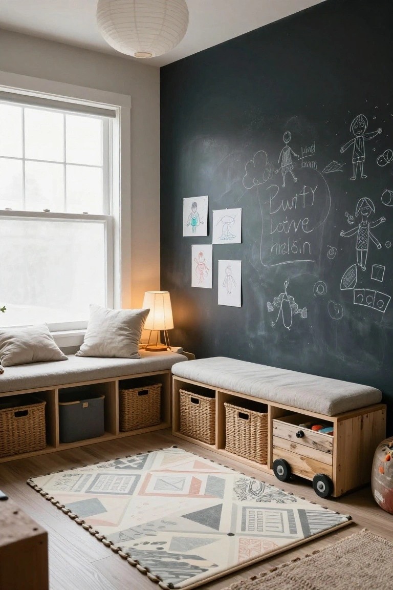 Children's playroom corner with a black chalkboard wall covered in drawings, built-in wooden benches with wicker baskets and bins under a large window, beige cushions on seats, a patterned foam play rug, and wooden toy crate on wheels.