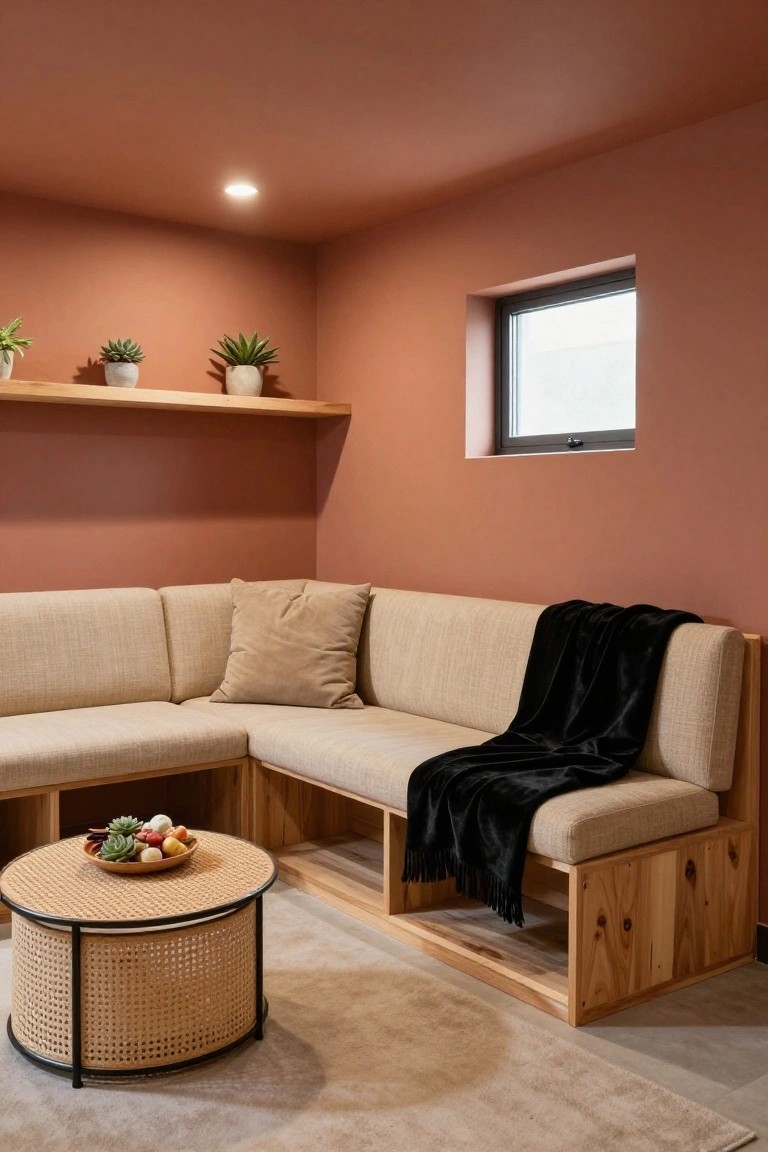 Corner of a room with terracotta walls, wooden-framed beige L-shaped bench sofa draped with a black throw blanket, rattan coffee table holding a fruit bowl, potted plants on wooden shelves, and a small high window.