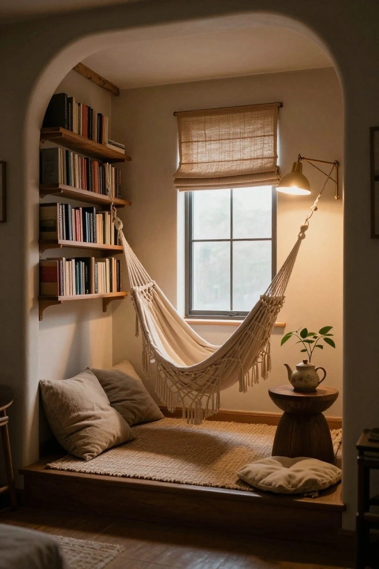 Arched indoor alcove with wooden bookshelves holding books, white macrame hammock suspended beside a window with bamboo shade, floor pillows on woven mat, wooden stool with teapot and potted plant.