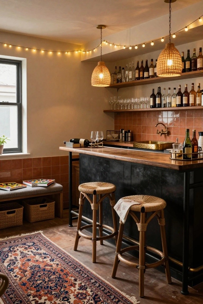 Cozy home bar interior with black metal bar counter topped in wood, two rattan bar stools, woven pendant lights, liquor bottle shelves, terracotta tile backsplash, and string lights along the walls.