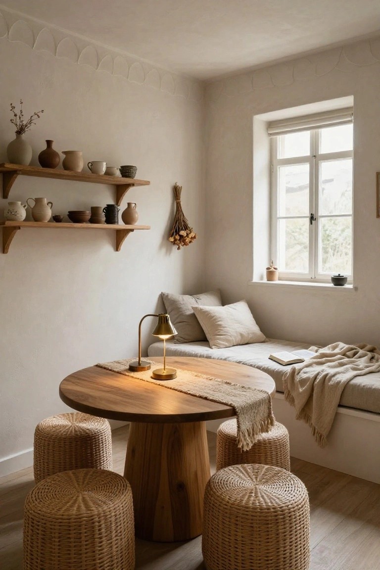 Cozy interior corner with white walls and arched ceiling trim, wooden shelves holding beige ceramics and dried plants, round wooden table with beige runner and lit brass lamp, four rattan stools, and window bench with gray cushions, throw blanket, and open book.
