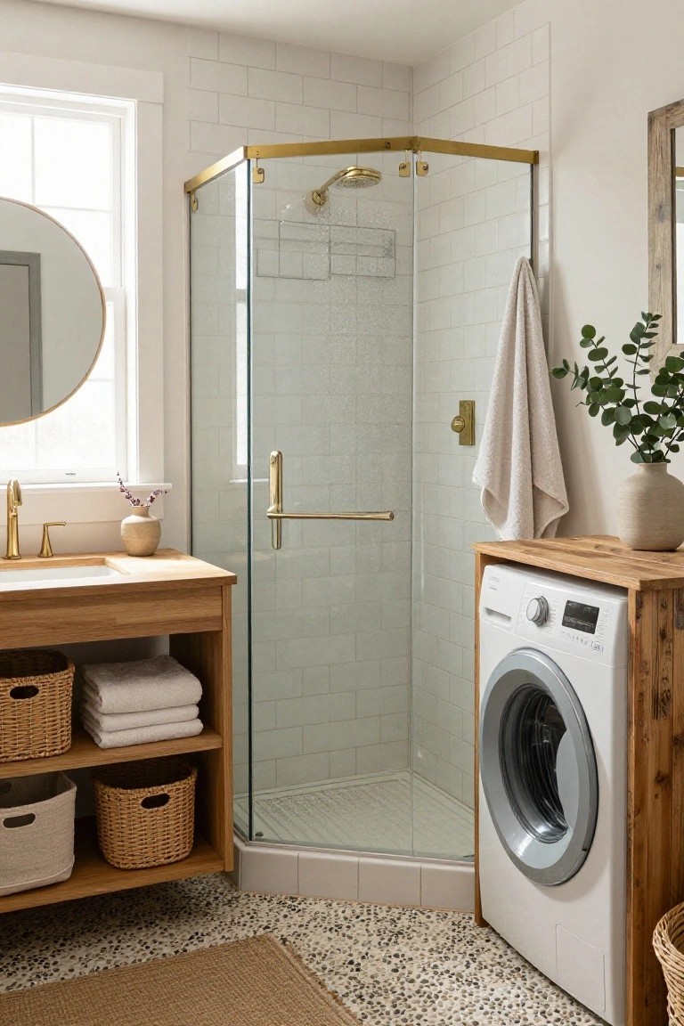 White subway tile bathroom with corner glass shower and gold fixtures, wood vanity with white sink, adjacent wood cabinet enclosing white front-load washer, hanging towels, eucalyptus branch, potted plant, and wicker baskets on shelves.