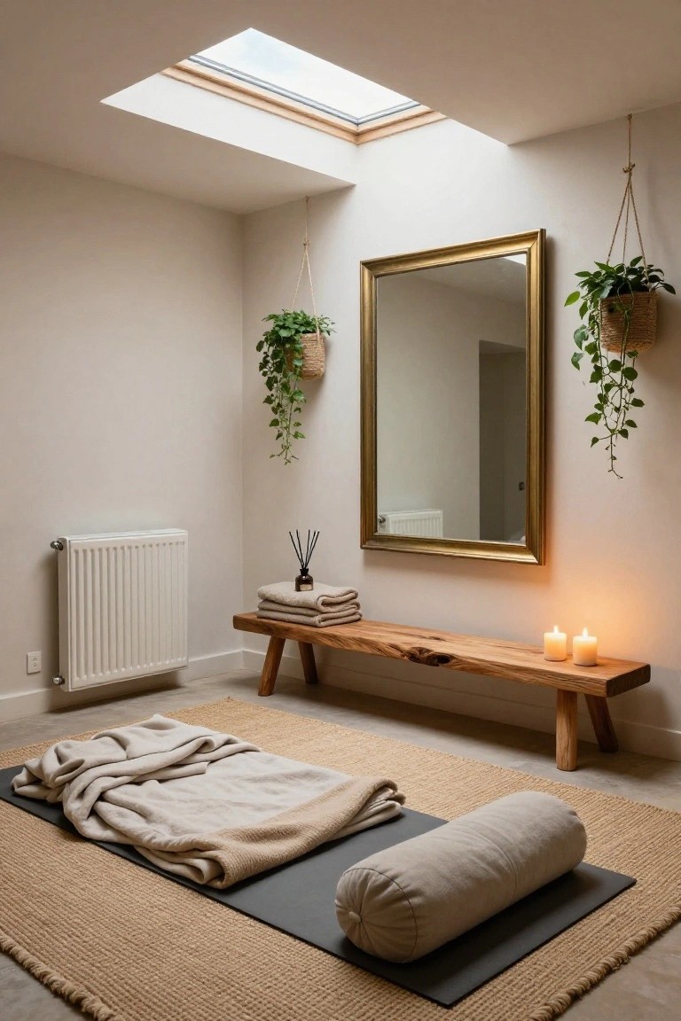 Light beige room with skylight overhead, large gold-framed mirror on wall flanked by hanging potted plants, wooden bench with folded towels and lit candles beside it, black yoga mat on seagrass rug with beige blanket and bolster pillow on floor, white radiator nearby.